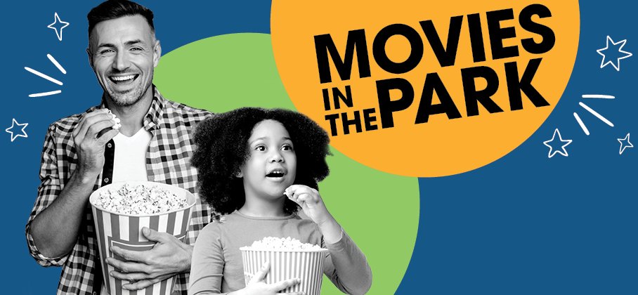 Movies in the Park wordmark and a family enjoying popcorn