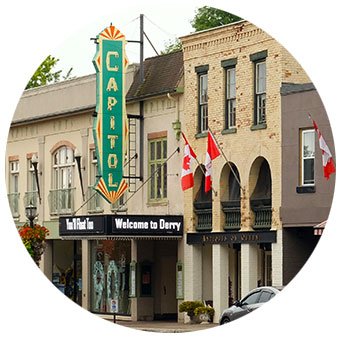 Exterior of the Capitol Theatre with Derry signage