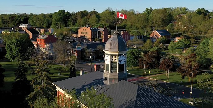 Aerial photo of Port Hope and the clock tower