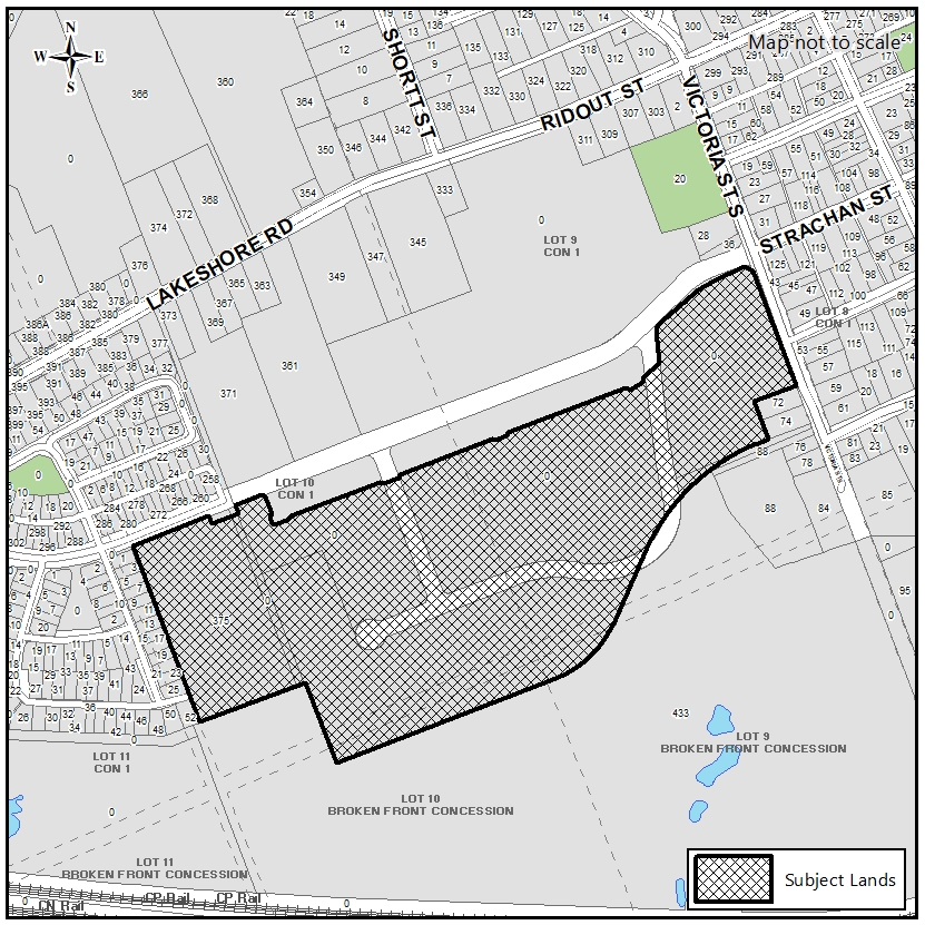 Subject lands map of proposed subdivision south of Strachan Street and West of Victoria Street South