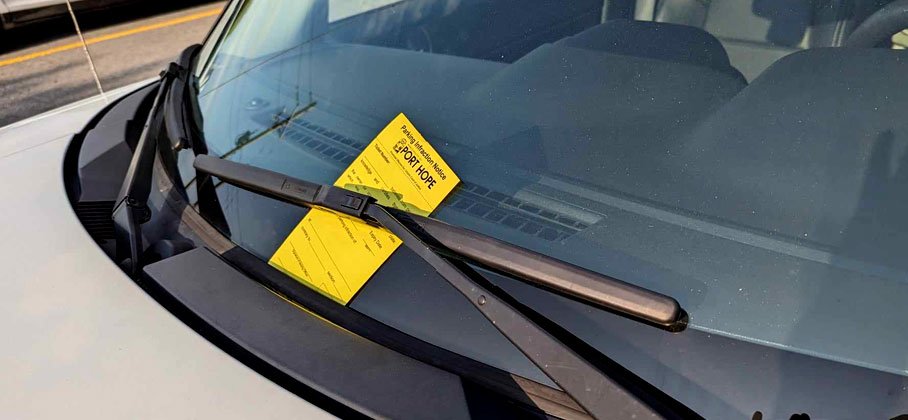 Parking ticket tucked under windshield wiper on car