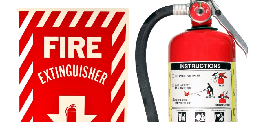 Red Portable Fire Extinguisher with Red and White Extinguisher Sign