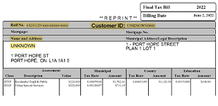 Example of property tax bill highlighting the roll number, customer ID and Name 