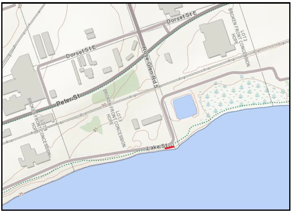 Map indicating 25 metre section of trail along Lake street