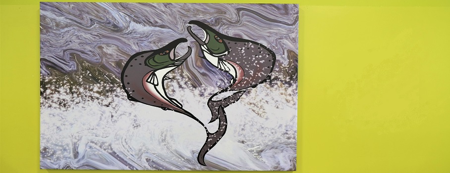 Artist image of two salmon jumping from the water