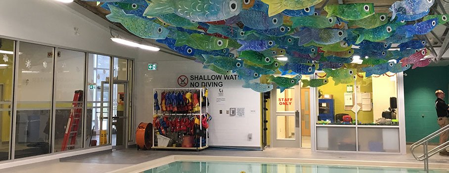 Fish hanging from the ceiling of the Jack Burger Sports Complex