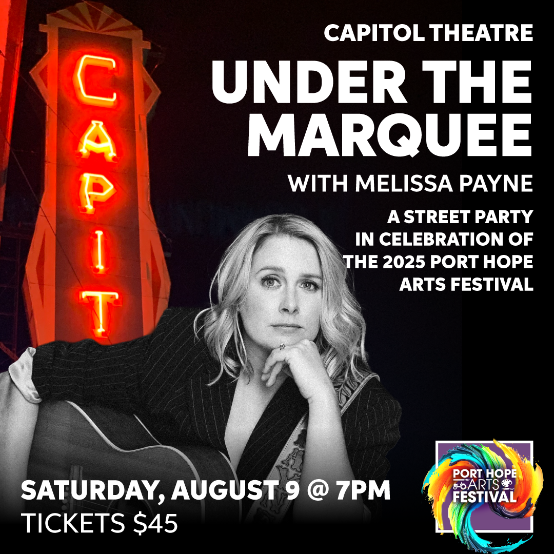 Under the Marquee promo image with Melissa Payne portrait in front of Capitol Theatre sign