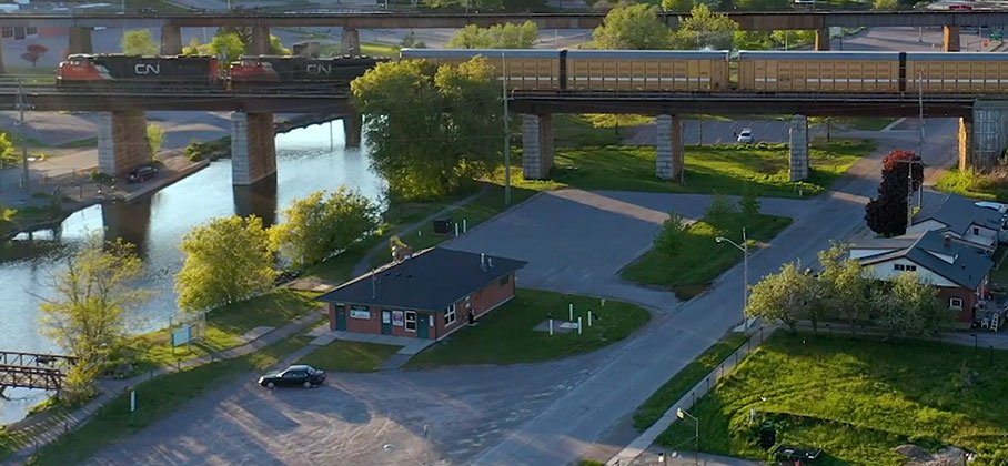 birds-eye view of the fish cleaning station building and the Ganaraska River