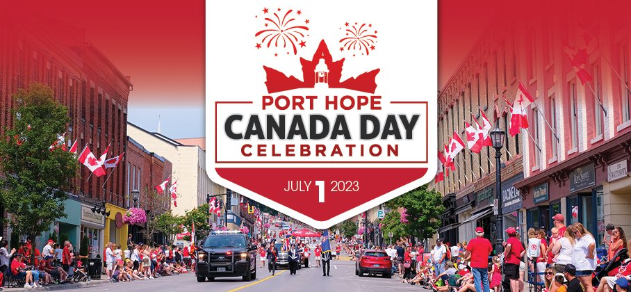 canada day logo with background image of parade, people lining streets and trucks