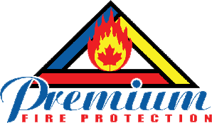 Logo with a tri-coloured triangle with a flame in the centre, above text that reads "Premium Fire Protection".