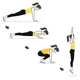 Instructional illustration of girl doing a burpee