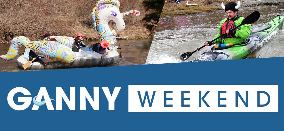 Inflatable craft and a kayak with Ganny Weekend wordmark
