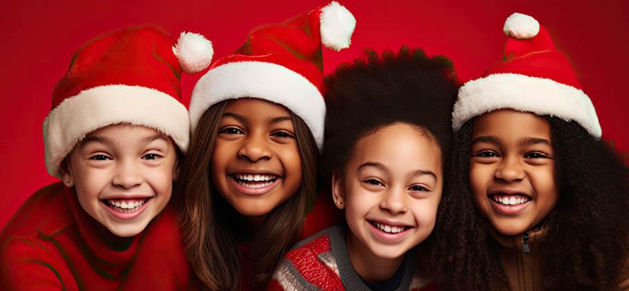 Group of friends with Santa hats on