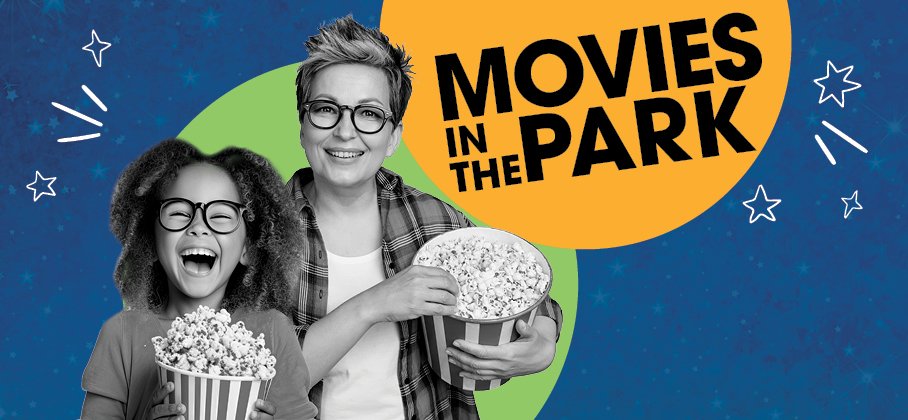 Movies in the Park wordmark and a family enjoying popcorn