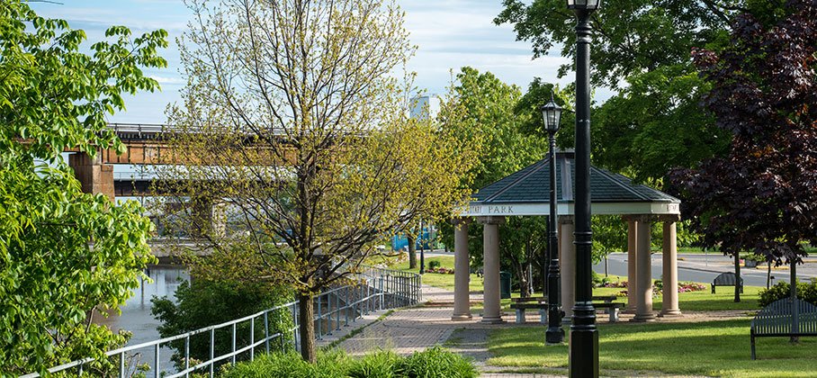 park next to river and bridge