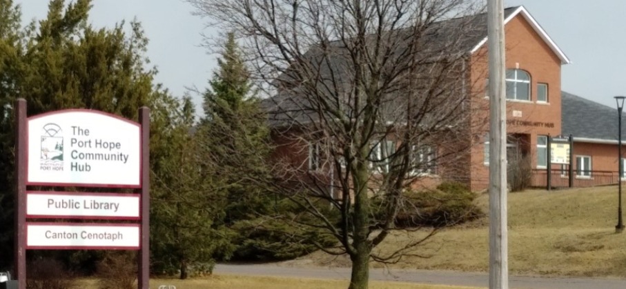 Port Hope Community Hub facility exterior and road sign