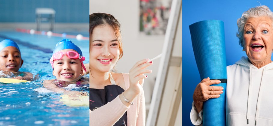 Child Swimming in a Pool and a person painting and a senior with a yoga mat