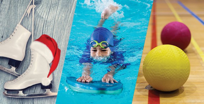 child swimming skates with a Christmas hat and balls in a gym