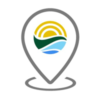 Icon of a pin with an image of a sunrise over a waterway