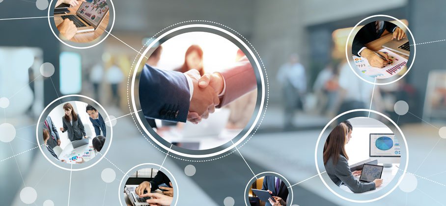 graphic of people shaking hands, working on a laptop, and conversing