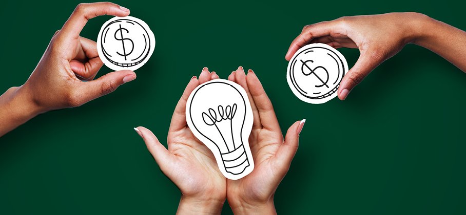 hands holding dollar signs and a light bulb