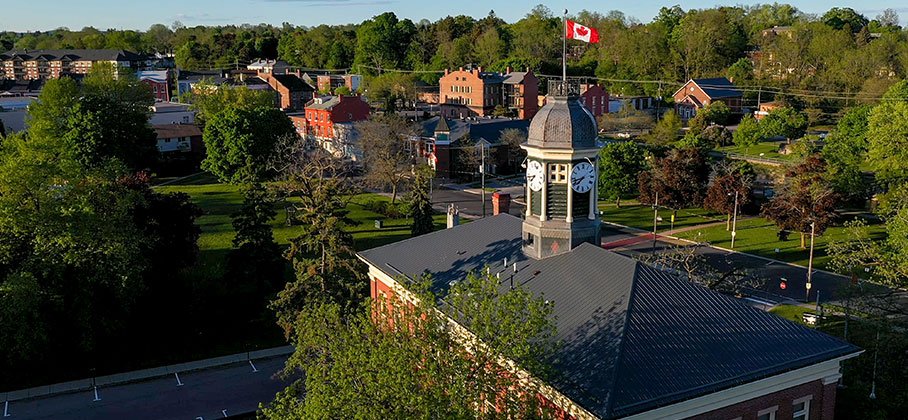 Aerial photo of Town Hall in Port Hope looking south