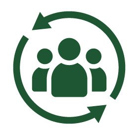 Icon with arrows in a circular motion around icons of people