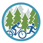 Icon of a person riding a bike in a forest