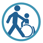 Icon of a person walking beside someone in a wheel chair