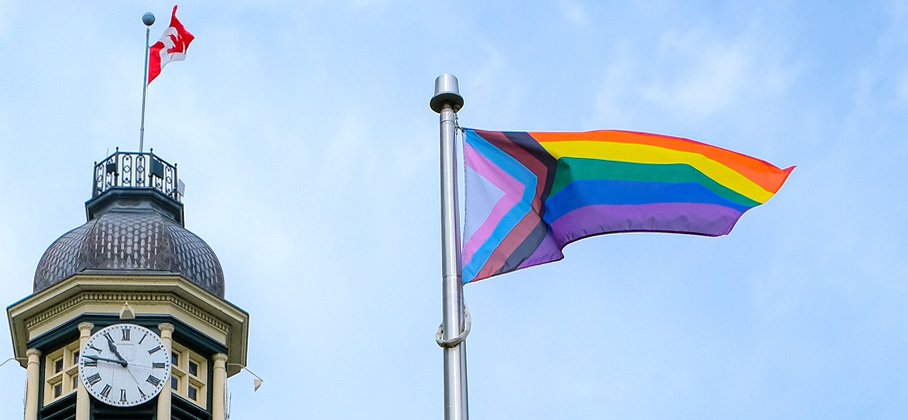 Town Hall clock tower and the pride flag